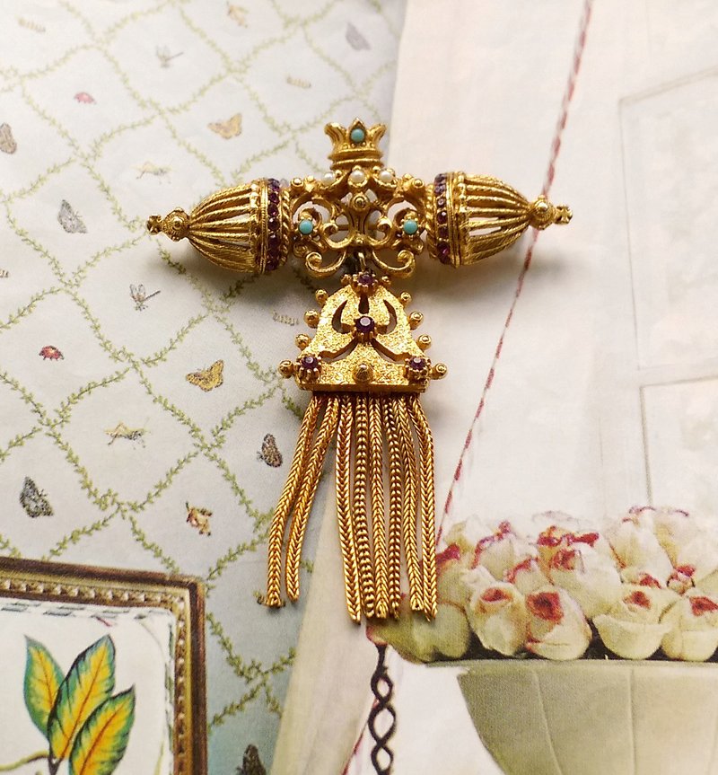 西洋古董饰品。FLORENZA 宫廷 小皇冠流苏 别针 - 徽章/别针 - 其他金属 金色