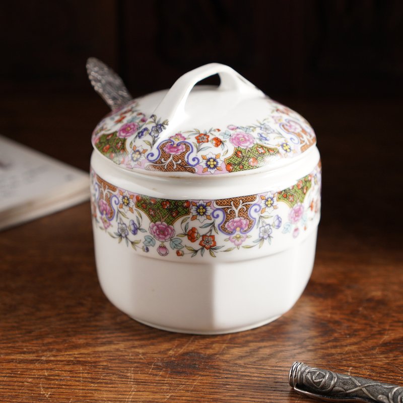 19世纪德国Zeh Scherzer古董小花糖罐附糖匙/老件/老物 - 调味罐/酱料瓶 - 瓷 多色