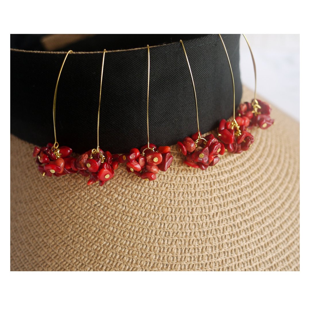 红色花火 | 天然石 | 垂坠耳饰 | 穿式耳环 | pierced earrings - 耳环/耳夹 - 其他材质 红色