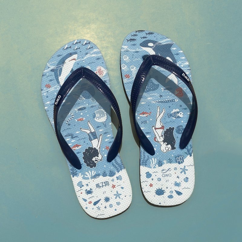 男款防水夹脚拖鞋 马子狗联名人字拖 情侣凉拖鞋雨鞋 -海洋潜水- - 拖鞋 - 橡胶 多色