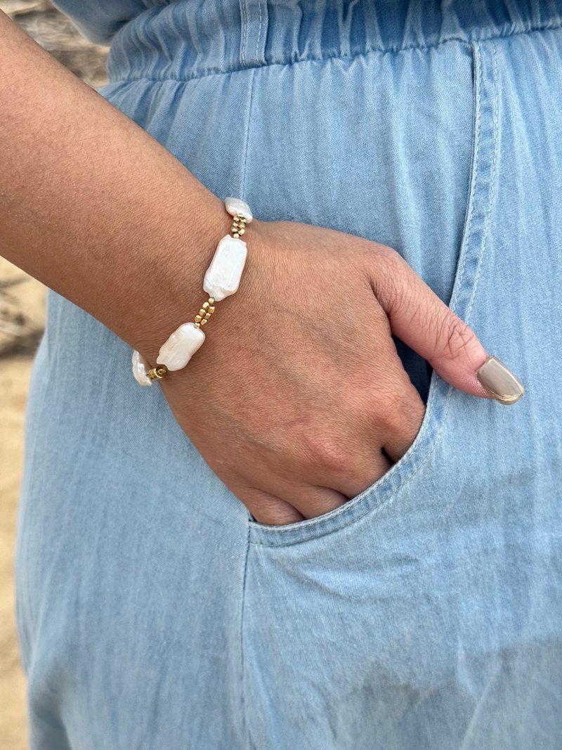 14KGF Freedom 方型巴洛克磁吸手链 - 手链/手环 - 珍珠 白色