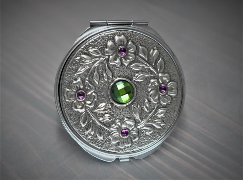 锡雕  花团锦簇 精巧随身镜 - 名片夹/名片盒 - 其他金属 银色