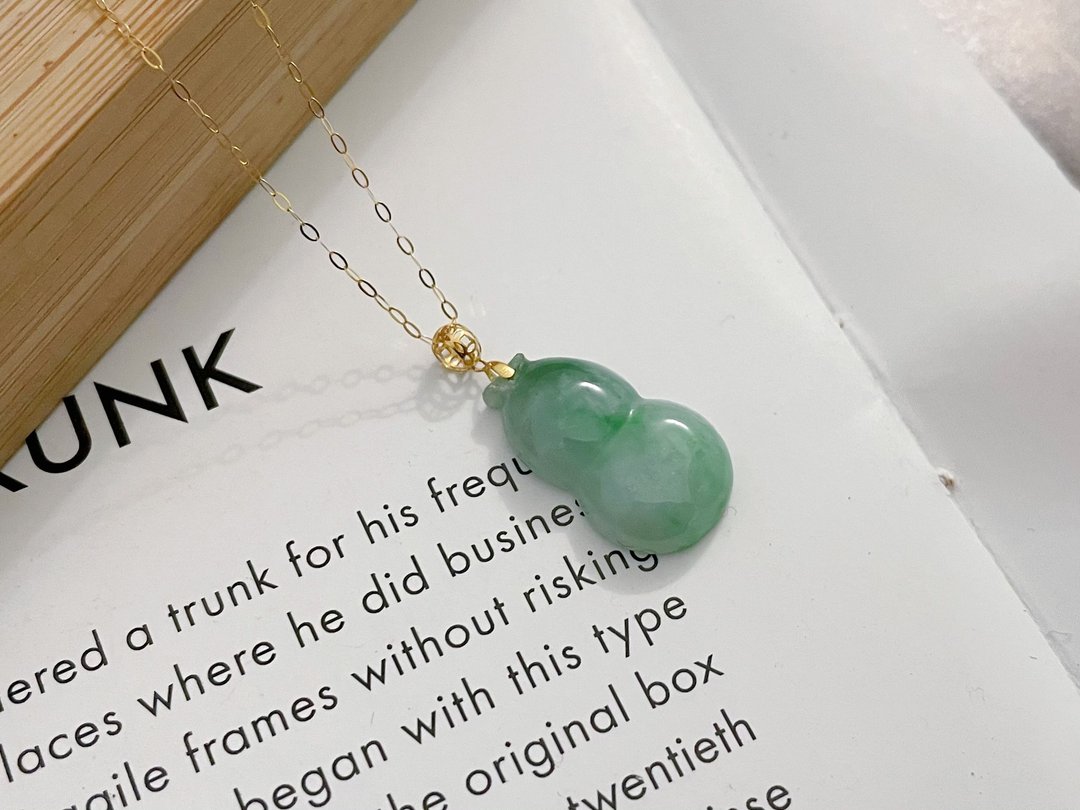 18K纯金 天然缅甸A货翡翠 福禄项链 - 项链 - 贵金属 绿色