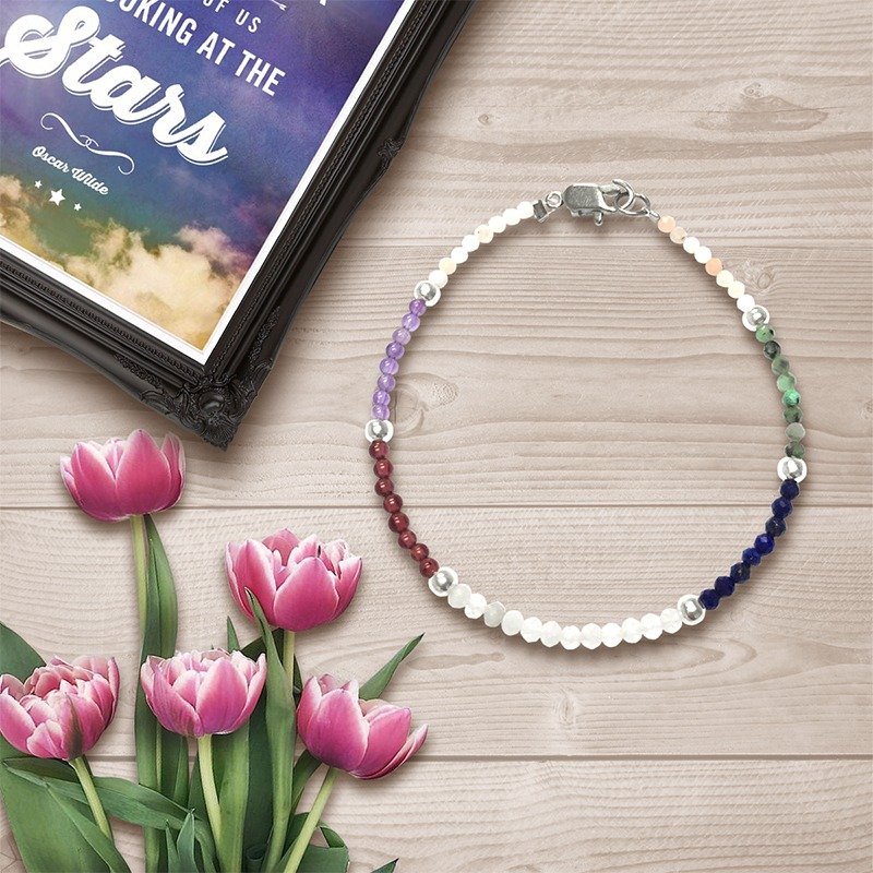 彩虹水晶银珠手链 紫晶 绿松石 蓝月光  月光石手链 银珠手链 - 手链/手环 - 宝石 多色