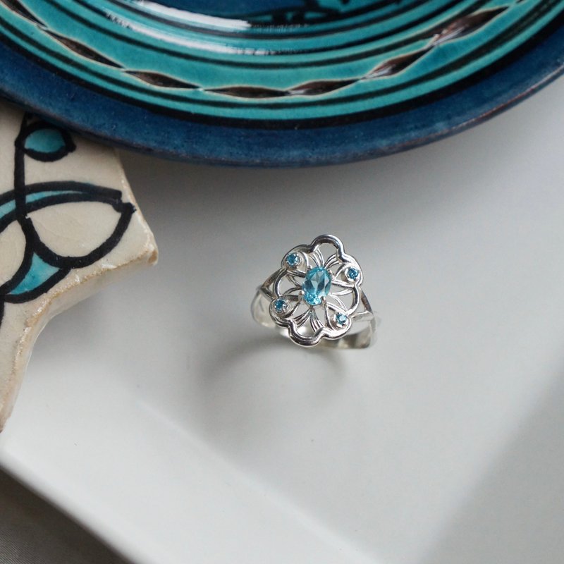 曲线花纹戒指 磷灰石 925银 - 戒指 - 纯银 