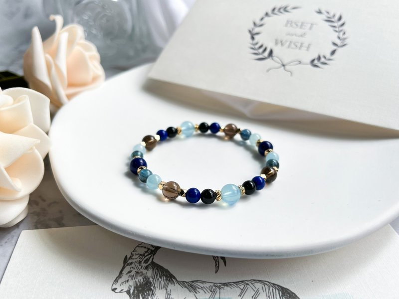 青金石 海蓝宝 魔鬼蓝海蓝宝 茶水晶 彩曜石 14K包金设计手链 - 手链/手环 - 水晶 蓝色