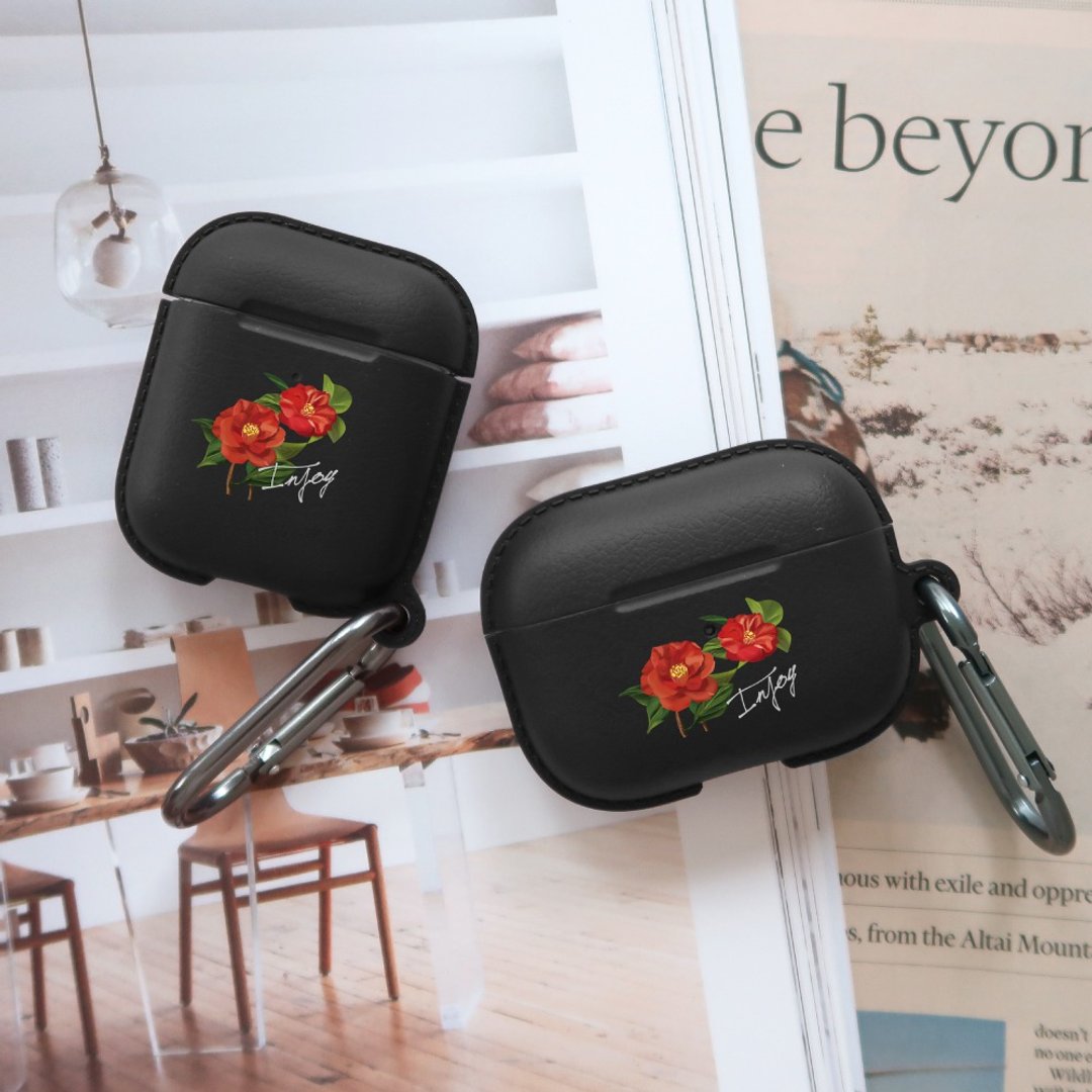 AirPods / AirPods Pro 优雅山茶花 保护套 TPU收纳盒 附挂勾 - 耳机收纳 - 塑料 黑色