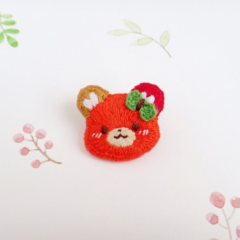 刺绣别针/11月生日熊/枫叶/安全别针 - 徽章/别针 - 绣线 橘色
