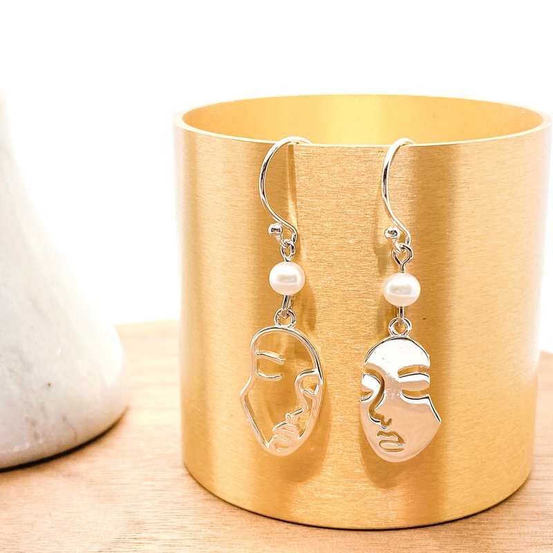 纯银 双面人  925 淡水珍珠 防敏感耳环 - 耳环/耳夹 - 纯银 银色