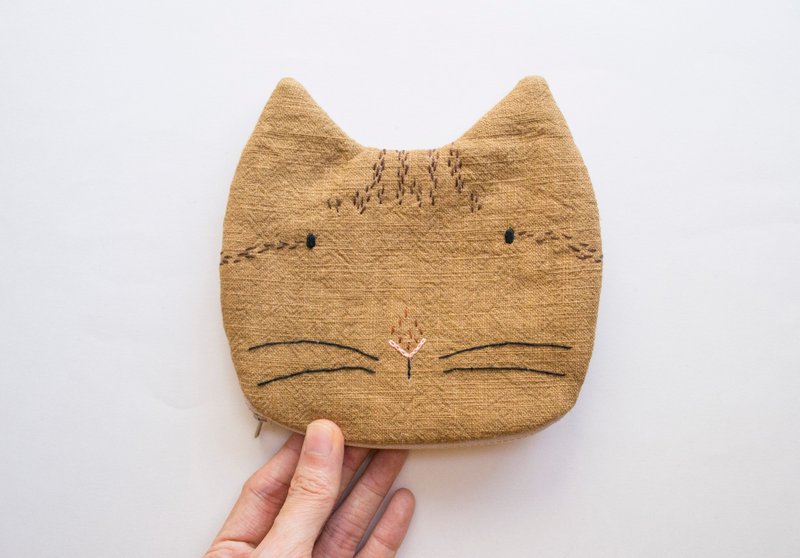 Brown Tabby Cat small zip pouch case - 皮夹/钱包 - 棉．麻 咖啡色
