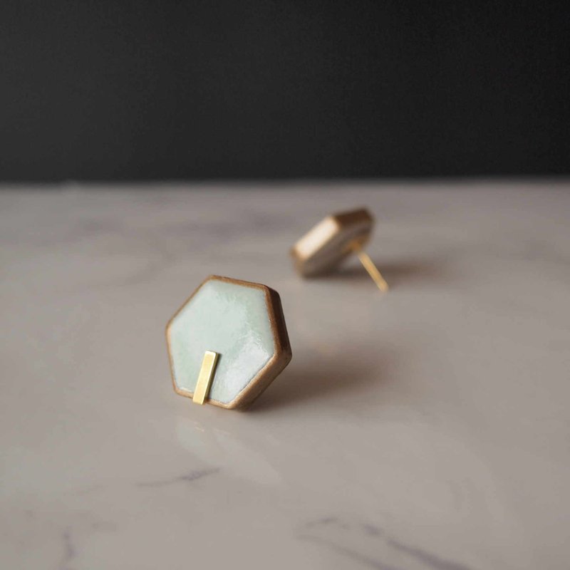 Hexagon Mino ware line earrings (light green) earrings / Clip-On - 耳环/耳夹 - 瓷 绿色