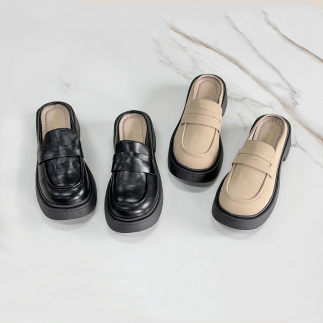 微方头松糕底穆勒鞋-黑/杏 1PLC016 - 女款牛津鞋/乐福鞋 - 其他材质 黑色