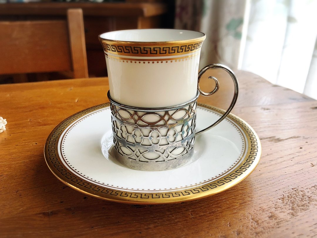 英国古董百年岁月Wedgwood 925狮印纯银杯托骨瓷手绘咖啡杯组 - 茶具/茶杯 - 瓷 金色