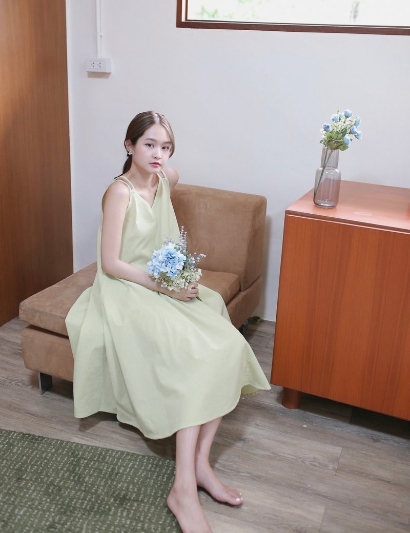 Gypso 棉麻质无袖洋装 (含缎带) - 莱姆绿色 - 洋装/连衣裙 - 亚麻 绿色