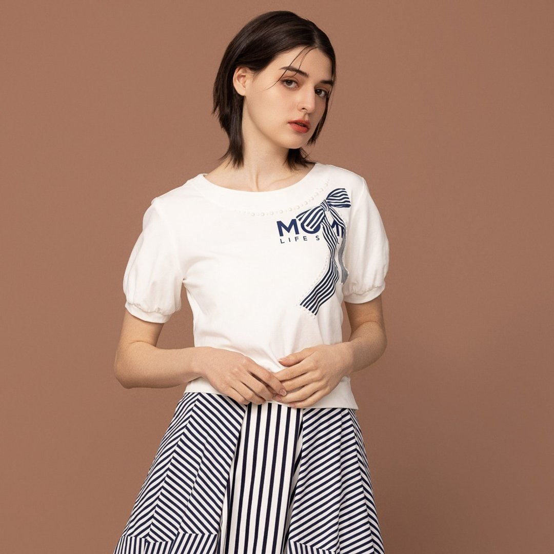 【MEDUSA】条纹蝴蝶结印花泡泡袖上衣(M-XL) | 女上衣 女休闲上衣 - 女装 T 恤 - 棉 白色