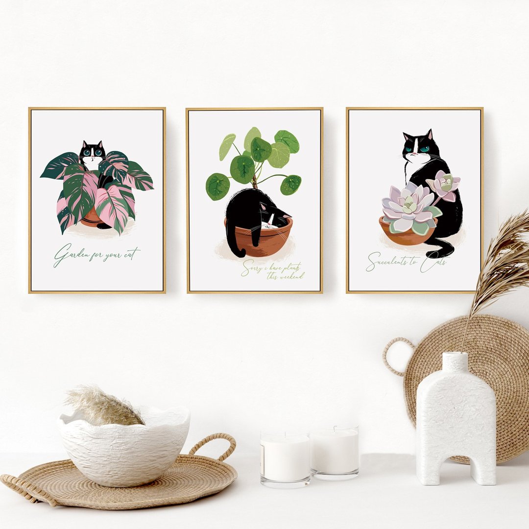 【联画优惠组合】花园里的猫系列组合挂画/疗愈逗趣小猫 - 海报/装饰画/版画 - 其他材质 黑色