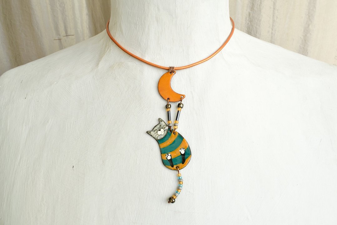 Jewelry, Necklace, Enamel, Cat, Moon, Enamel Pendant, Enamel Necklace, George, Enamel Jewelry, Cat Pendant, Cat Necklace, Boho Enamel Necklace, Cat Shaped Jewelry, Boho Necklace, - 项链 - 珐琅 