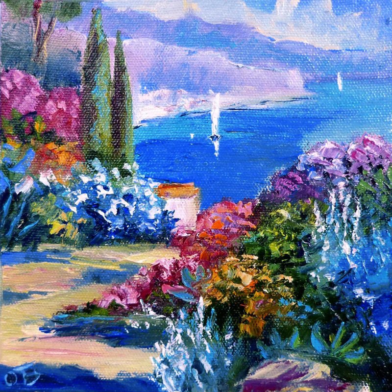 海岸画布绘画，原创小艺术，地中海墙壁艺术品，墙壁 - 海报/装饰画/版画 - 棉．麻 蓝色