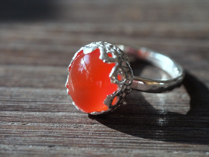 天然光玉髓 AAA等级 纯银戒指 偏橙光玉髓 - 戒指 - 半宝石 橘色