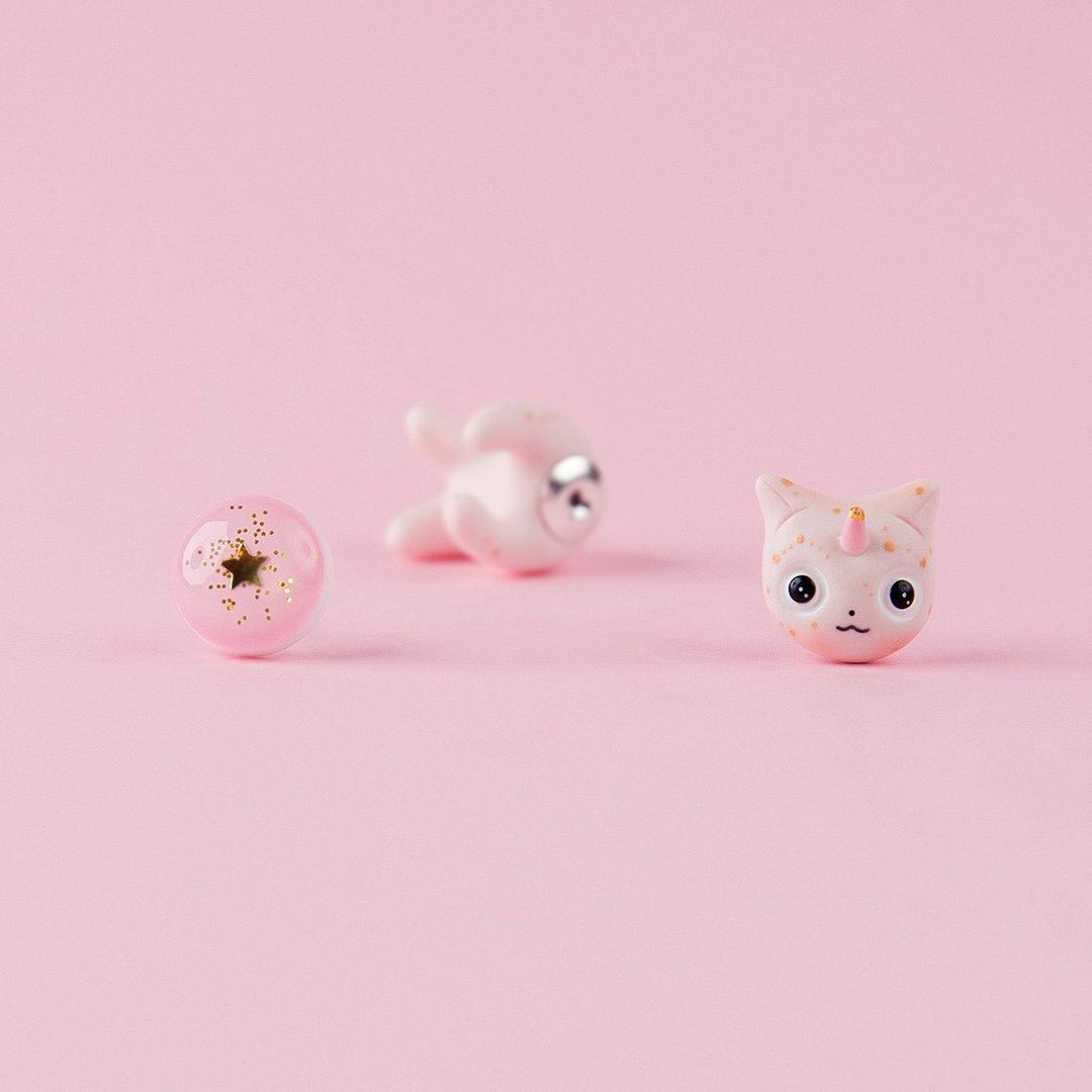 Pink|Golg Galaxy Caticorn Kitten - Polymer Clay Earrings, Happy Valentine's Day - 耳环/耳夹 - 粘土 粉红色