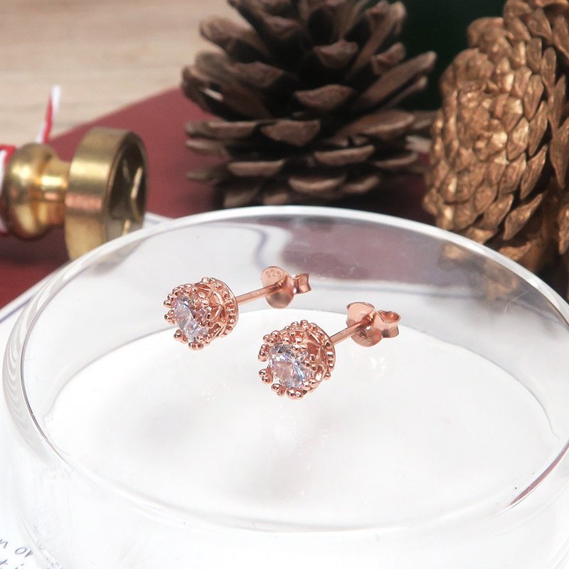 优雅翠冠耳环 方晶锆石款 925纯银针式耳环 玫瑰金色 - 耳环/耳夹 - 纯银 粉红色
