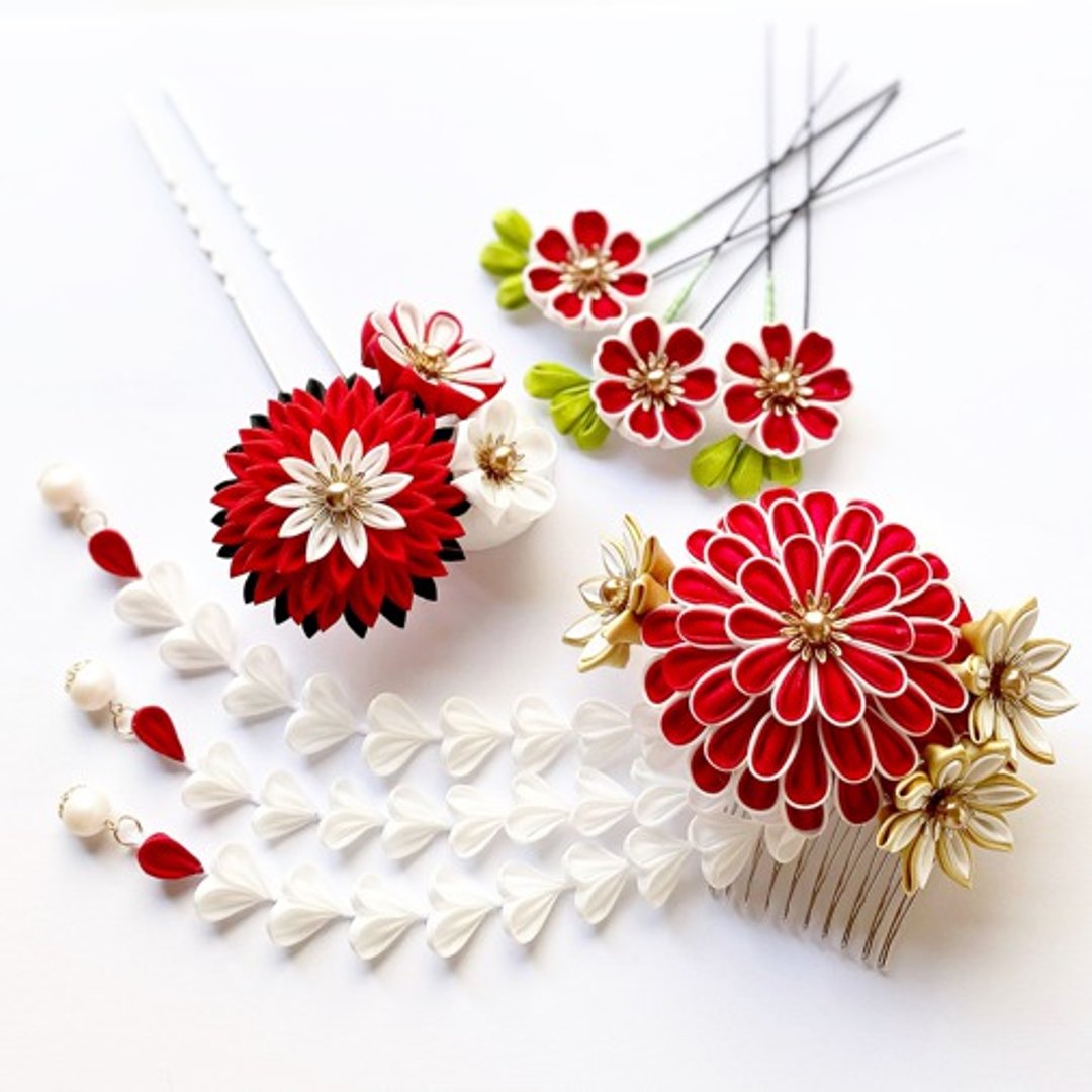 Shichigosan Adult Ceremony Wedding Hair Ornament Kanzashi Kimono Knob Work - 发饰 - 棉．麻 红色