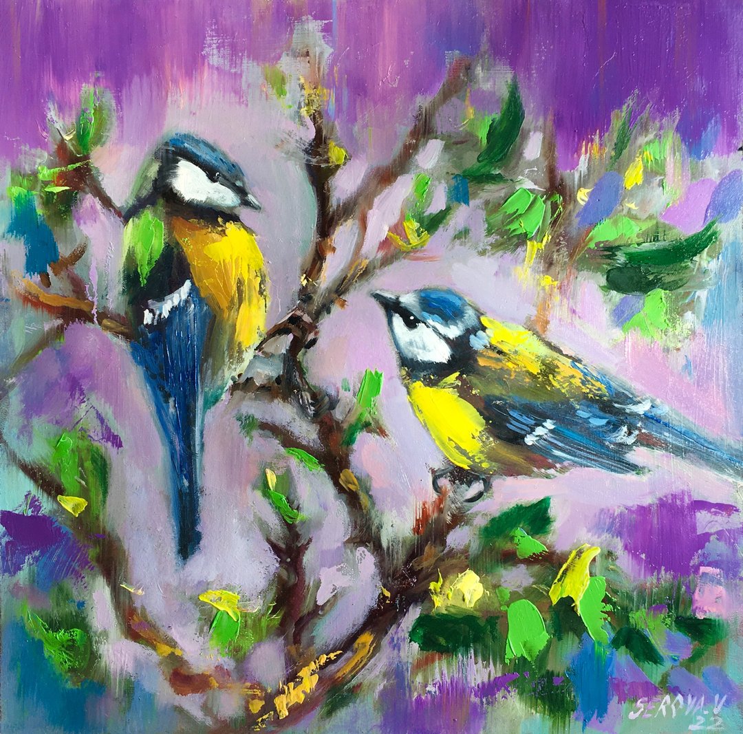 Framed Bird painting Small Frame Art Miniature Oil Birds - 墙贴/壁贴 - 其他材质 绿色
