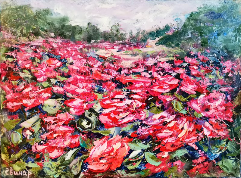 Oil Painting Flower Rose Bushes Landscape Impasto Original Artist Svinar Oksana - 其他 - 其他材质 多色