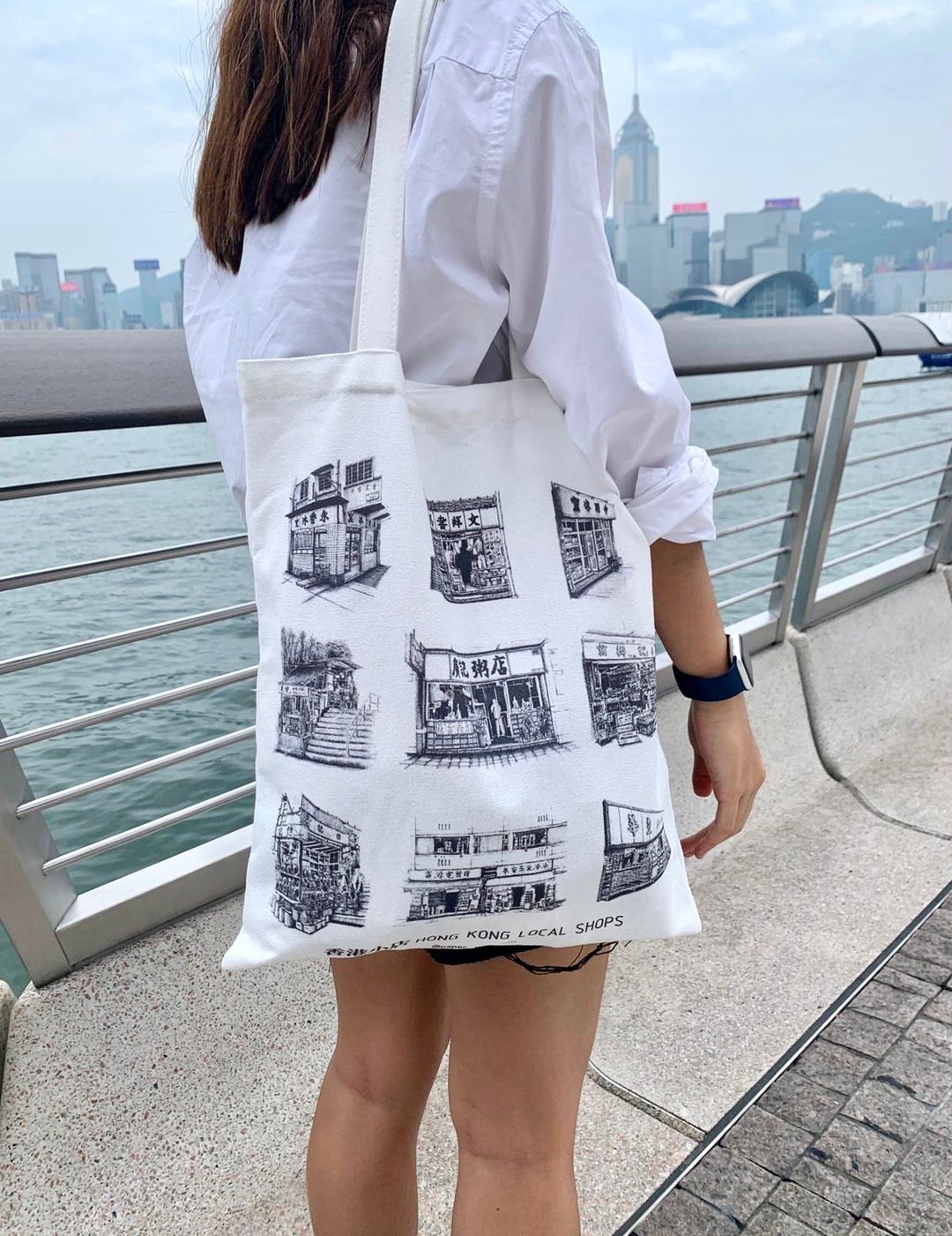 香港手绘小店帆布袋 - 手提包/手提袋 - 棉 白色
