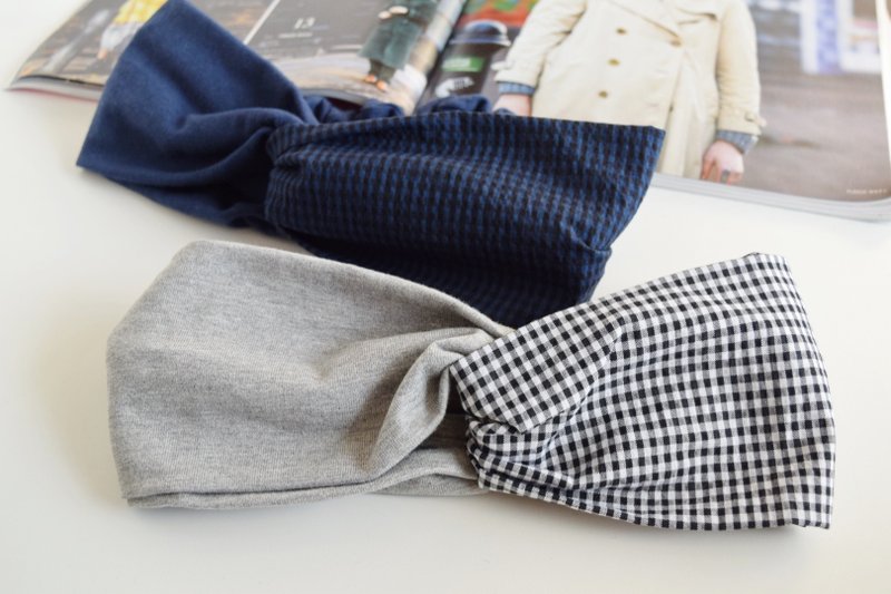 gingham check  pattern x  gray or  navy / cross hairband - 发带/发箍 - 棉．麻 灰色