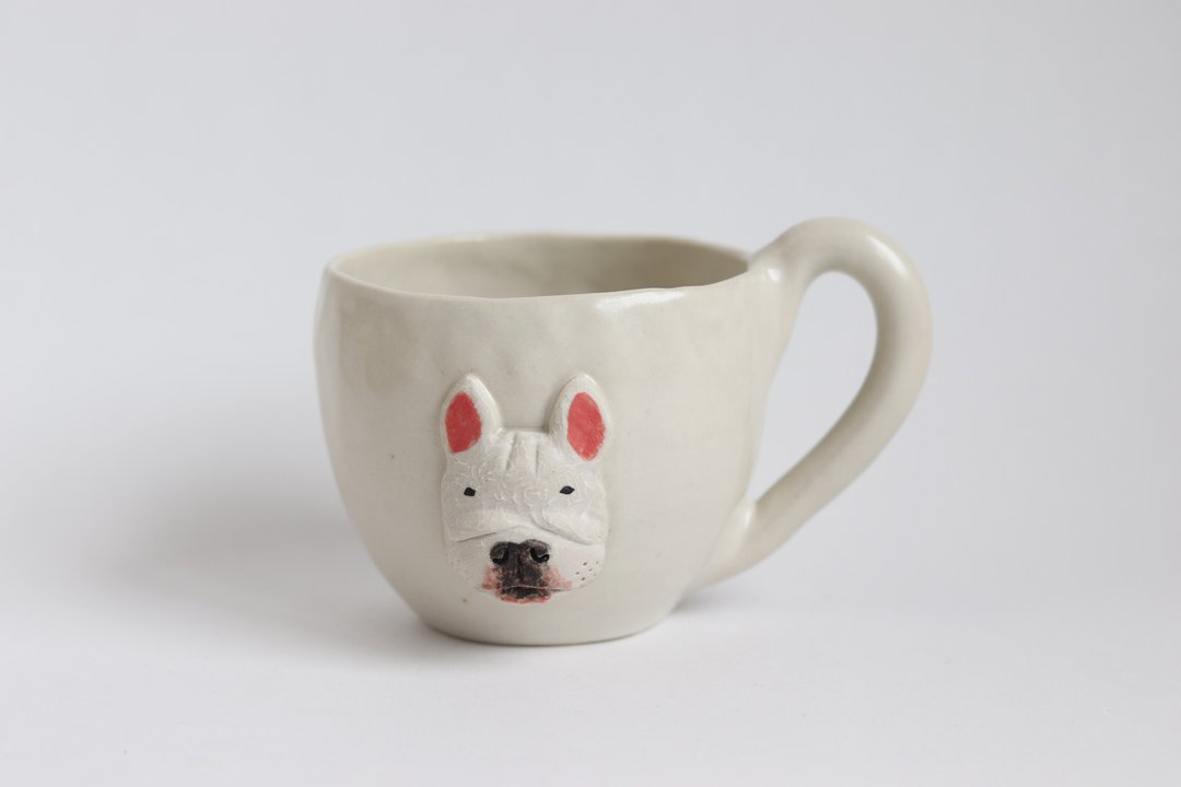 Animal Mug Cup French Bull [Made-to-Order] - 陶艺 - 陶 白色