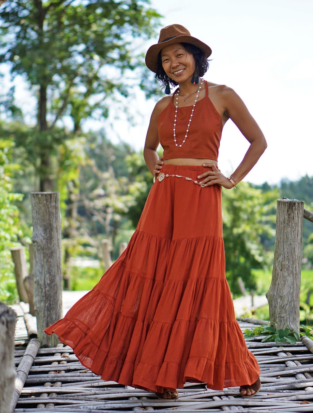 Long ruffle wide leg pants for women. Elegant loose cotton elastic waist pants - 女装长裤 - 其他材质 