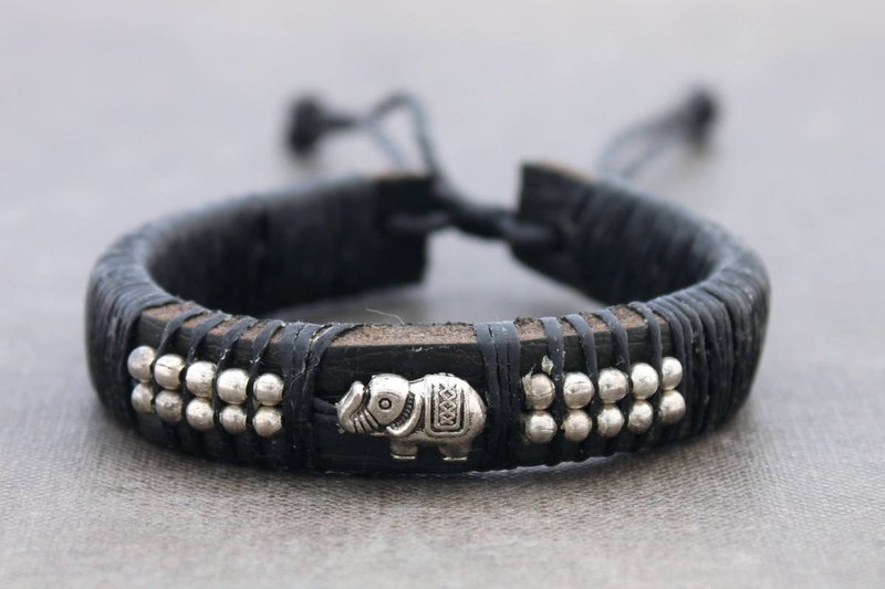  皮革串珠手链银珠手链 男士男女皆宜的大象魅力 - 手链/手环 - 真皮 黑色