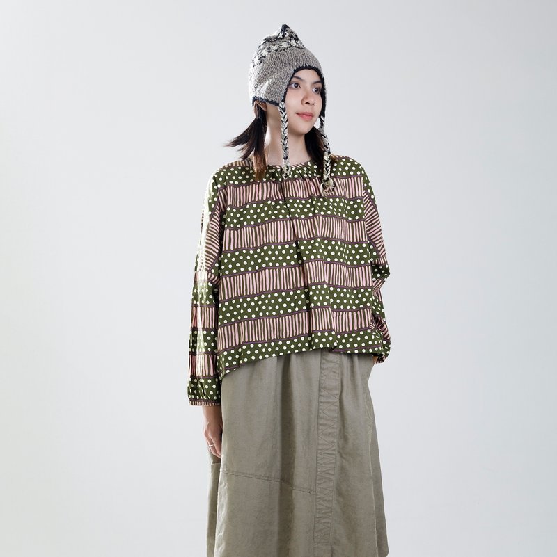 花田圆领撞色印花上衣 - 女装上衣 - 棉．麻 多色