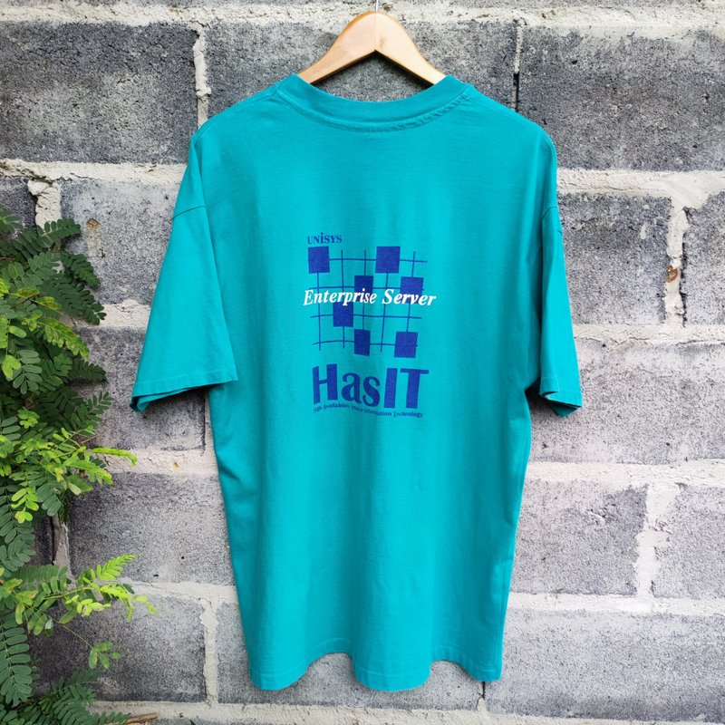 复古 90 年代 Unisys 企业服务器 T 恤 - 男装上衣/T 恤 - 棉．麻 绿色