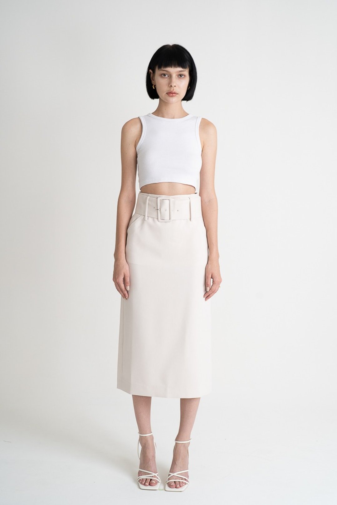 High Waist Pencil Skirt - White | 宽腰带开衩高腰窄裙 - 奶白 - 裙子 - 聚酯纤维 白色