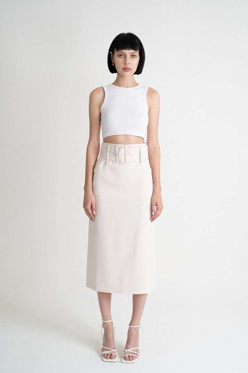 High Waist Pencil Skirt - White | 宽腰带开衩高腰窄裙 - 奶白 - 裙子 - 聚酯纤维 白色