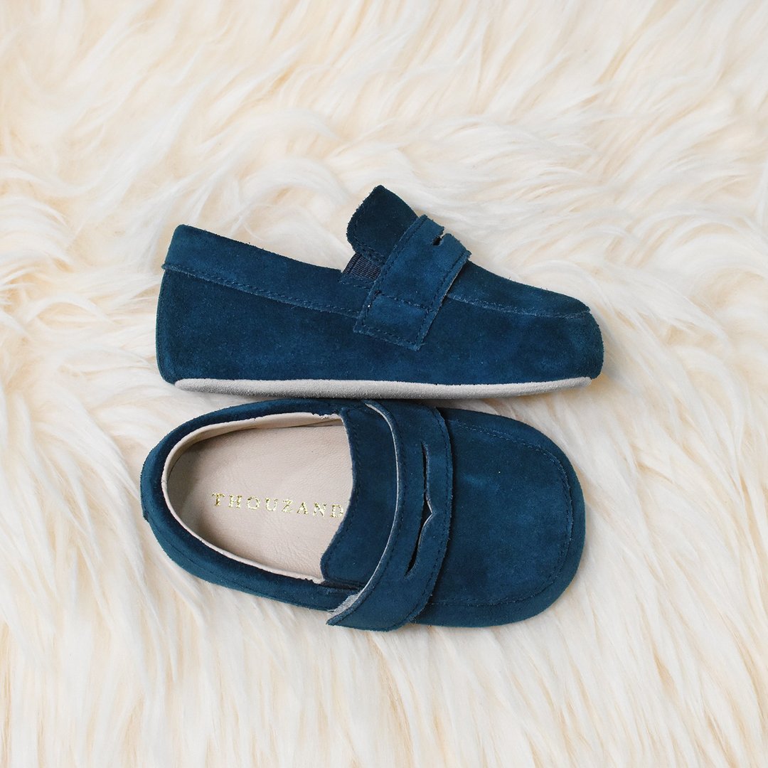 海军蓝乐福婴儿鞋 / 手工学步鞋 / 定制烙印 / 订制 / 礼物 - 婴儿鞋 - 真皮 蓝色
