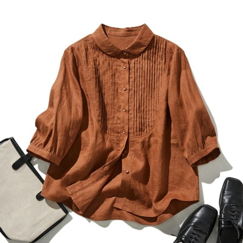 纯亚麻圆领公主风衬衫 精致褶襇 透气亲肤 柿茶　240512-4 - 女装上衣 - 棉．麻 