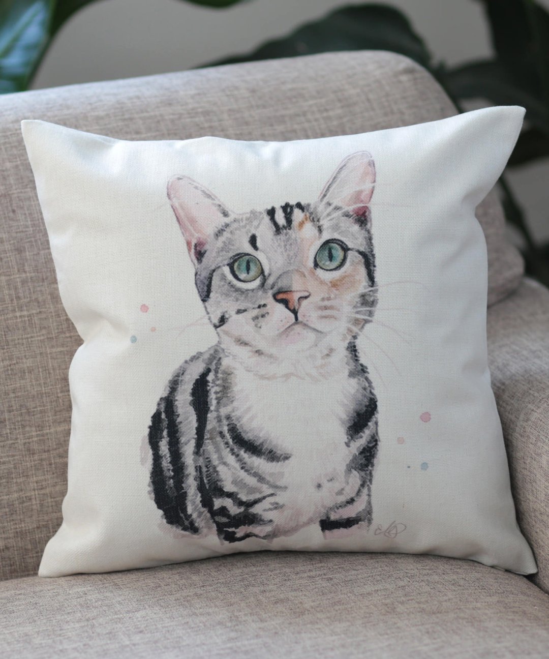 Jubilee超人气款 亚麻布抱枕套 宠物图案 虎斑猫 45×45cm - 枕头/抱枕 - 棉 多色