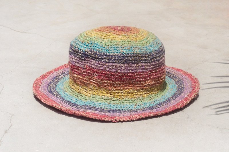 限量一件 手工编织棉麻帽/编织帽/渔夫帽/遮阳帽/草帽 - 鲜艳彩虹色 缤纷条纹 手织帽 - 帽子 - 棉．麻 多色