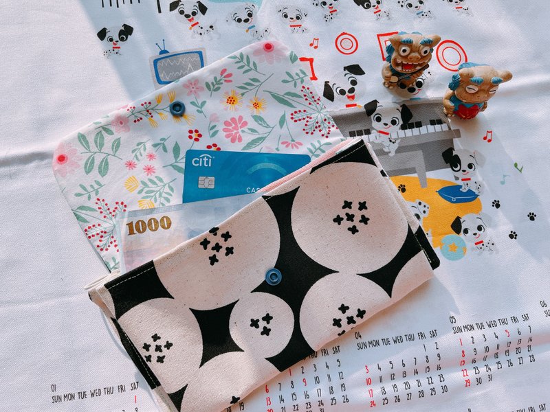 三层拉链款零钱包-长夹款-BLACK钮扣花 - 皮夹/钱包 - 棉．麻 黑色