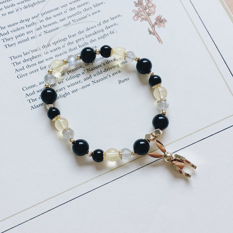 Enko | 恋上一段旅程 黑曜石 拉长石 黄水晶 14k包金手链 - 手链/手环 - 半宝石 黄色