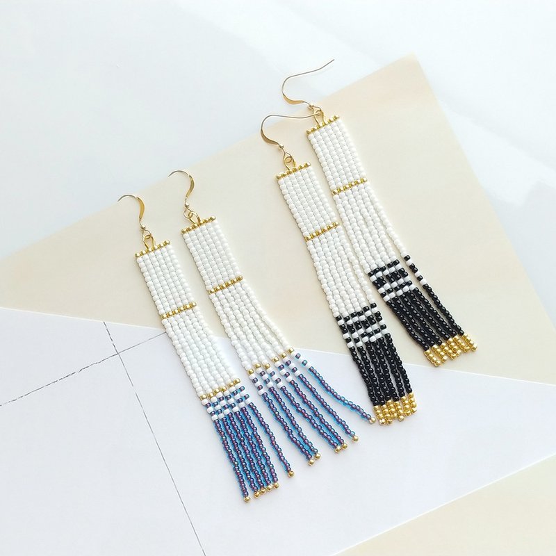 白色系 - 长款串珠流苏耳环 / 法式优雅 - 耳环/耳夹 - 其他材质 白色