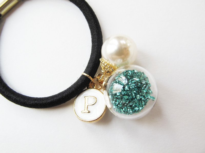 ＊Rosy Garden＊孔雀绿色星球砂砾矿石碎片玻璃球配大颗珍珠大草字母个性化橡皮筋发圈 结婚姊妹礼物 - 发饰 - 玻璃 绿色