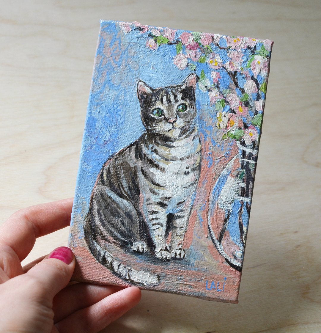 猫原创油画 15x10cm 帆布板 花瓶里的樱花 宠物肖像 - 衣/帽 - 其他材质 粉红色