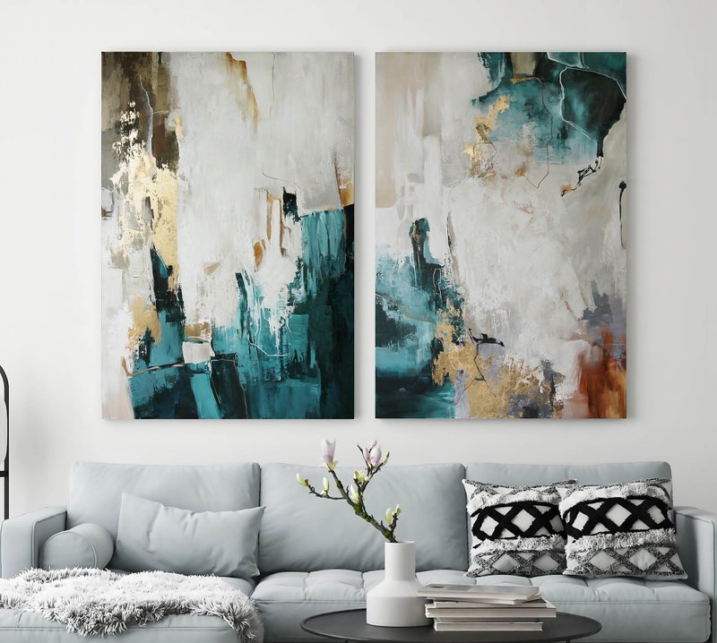 蓝绿与金色墙面艺术 | 抽象绿松石绘画 |蓝绿绽放套装 - 墙贴/壁贴 - 棉．麻 蓝色