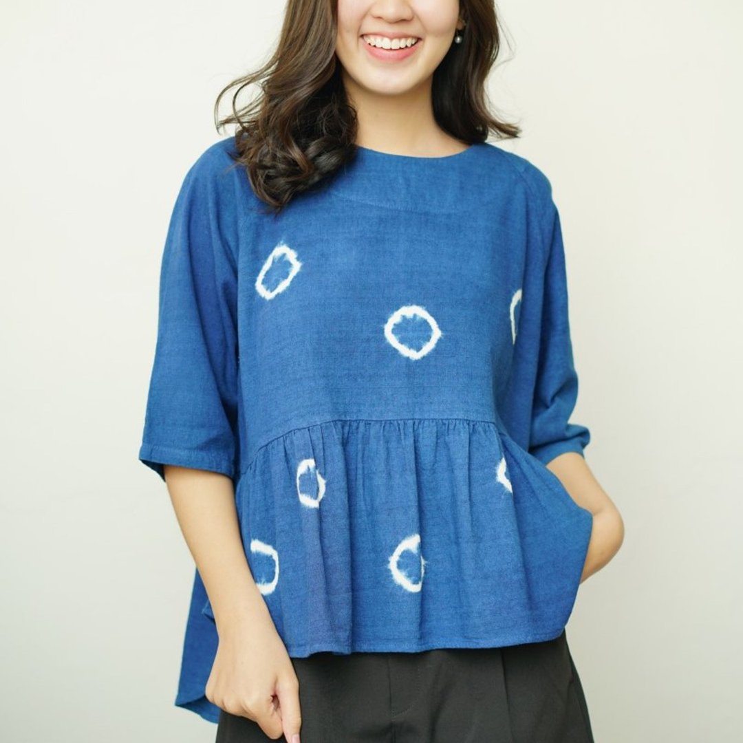 Raglan Sleeve - 肘长靛蓝扎染衬衫 - 女装上衣 - 棉 蓝色