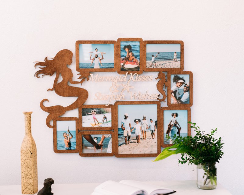Mermaid photo frame collage Custom text frame Wooden wall decor Personalized art - 墙贴/壁贴 - 木头 多色