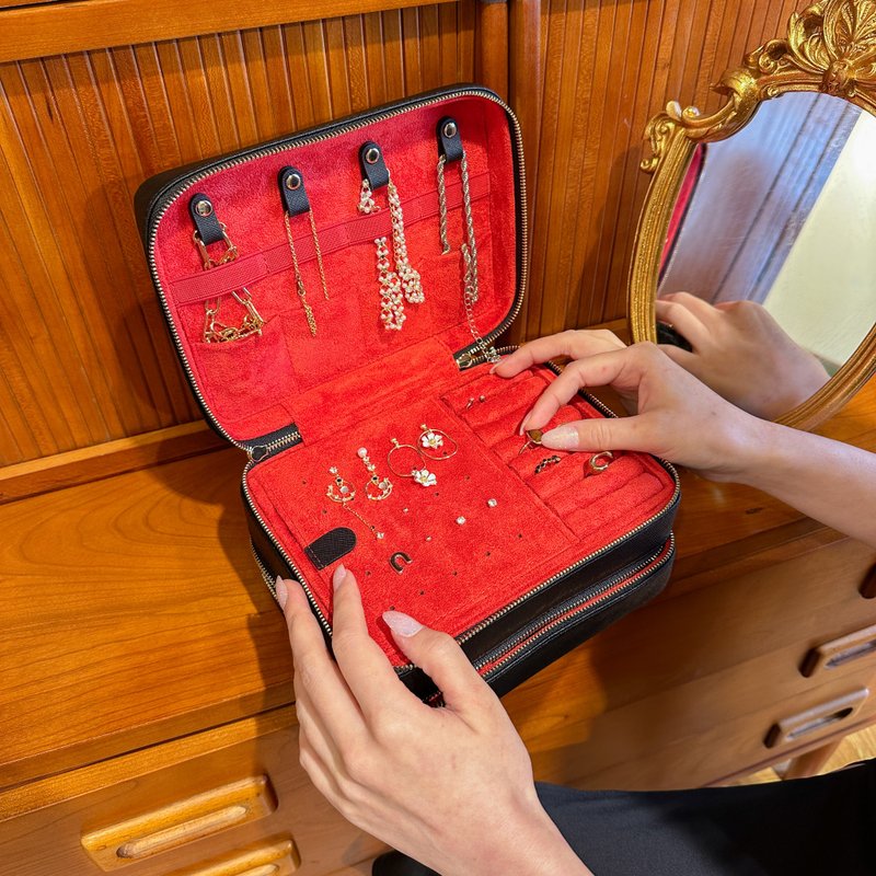 定制化刻字 真皮 十字纹皮革 耳环饰品收纳盒 首饰盒 - 黑色 - 化妆包/杂物包 - 真皮 黑色